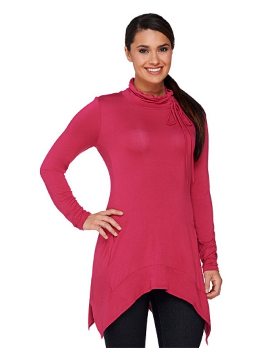 LOGO by Lori Goldstein Drawstring Cowl Neck Tunic Top Asymmetrical Hem Rose XS